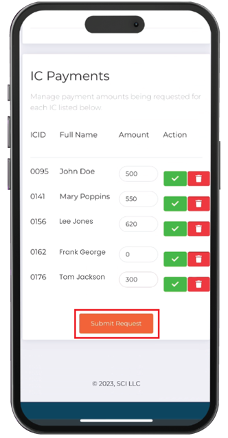 Image of mobile device with the SCI mobile app, showing the screen to submit payments to subcontractors from a Master Contractor.